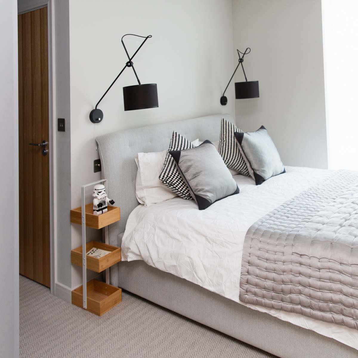 interior design white and black bed linen  design